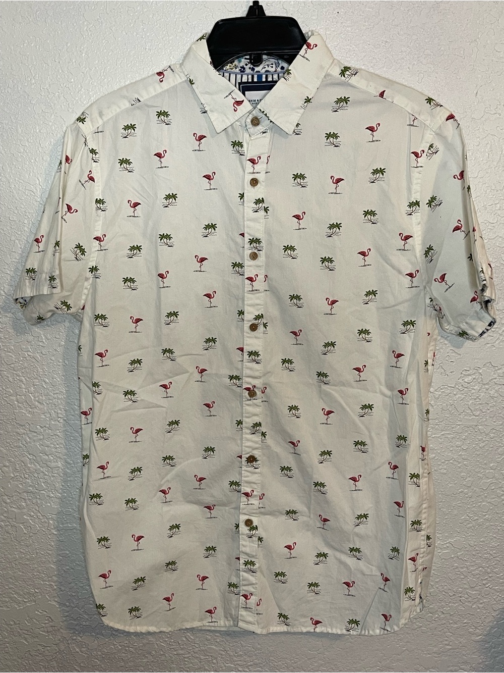 Denim & Flower White Short-Sleeve Flamingo & Palm Print Shirt